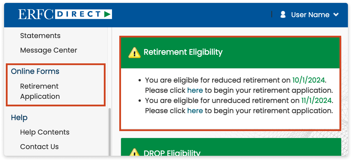 A screenshot of ERFCDirect page with red highlights on Online Forms and Retirement Eligibility sections