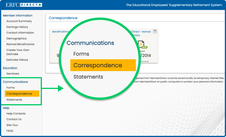 Interface of ERFCDirect Correspondence Section